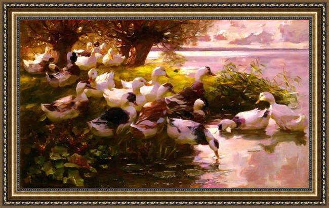 Framed Alexander Koester max ducks on a lake painting