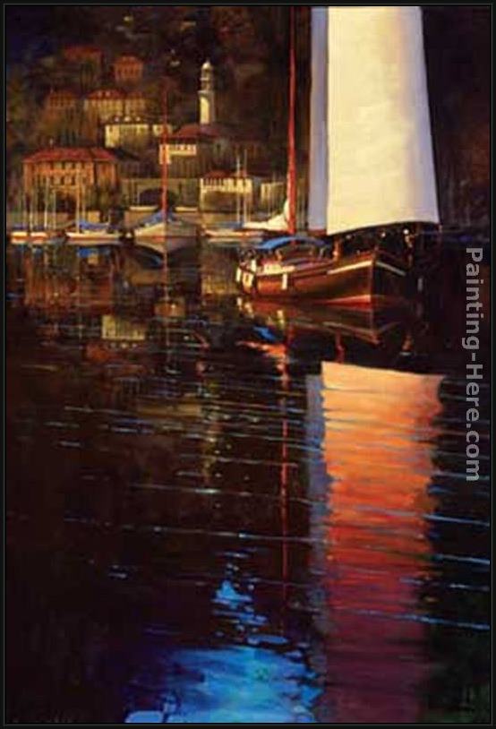 Framed Brent Lynch lake como sunset sail painting