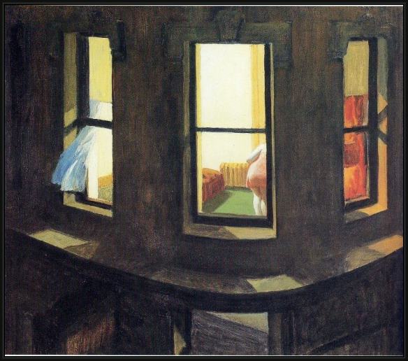 Framed Edward Hopper night windows painting