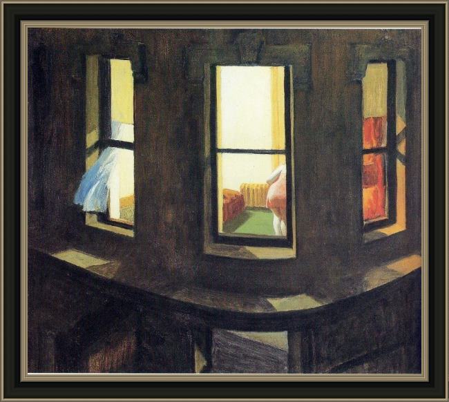 Framed Edward Hopper night windows painting