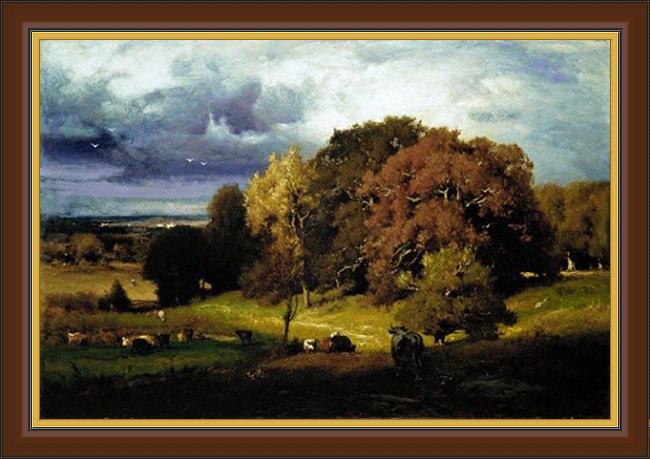 Framed George Inness autumn oaks painting