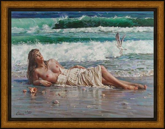Framed Guan zeju nude on the beach painting
