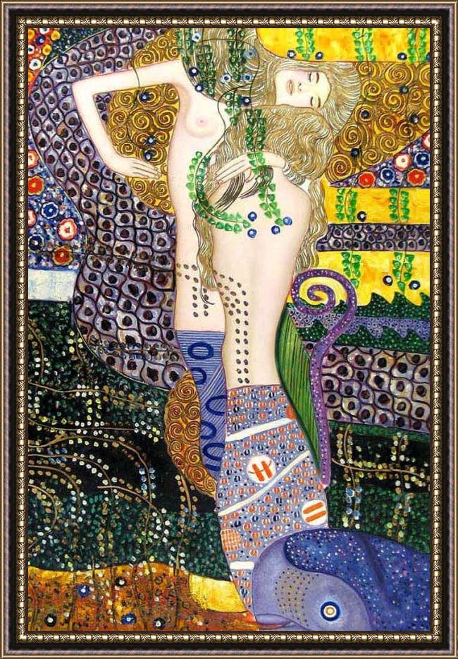 Framed Gustav Klimt sea serpents painting