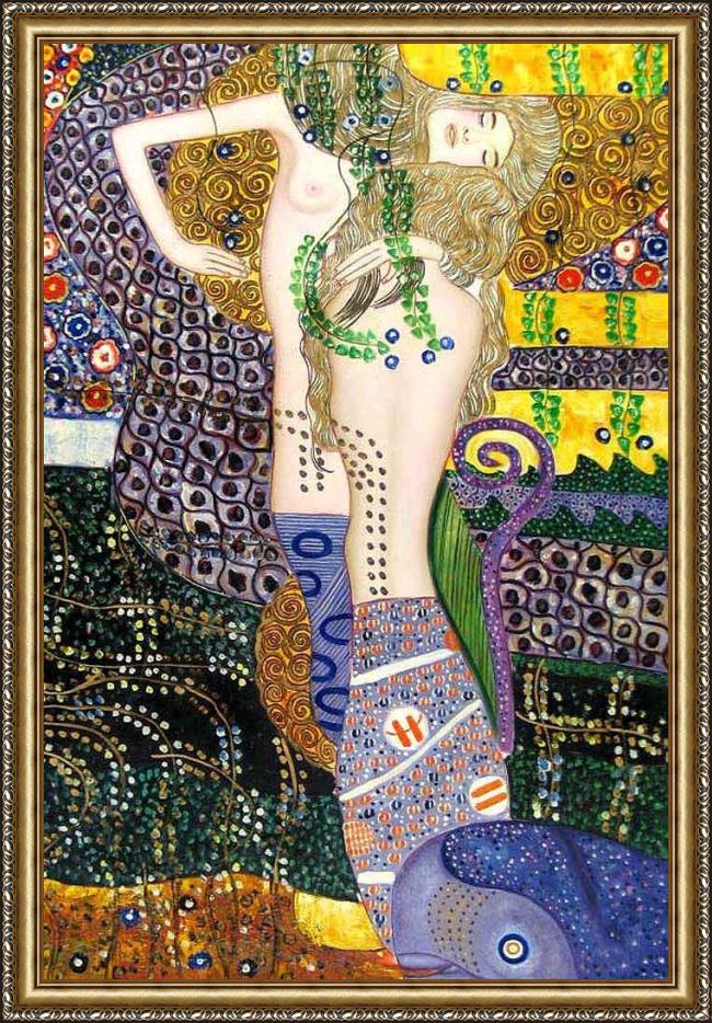 Framed Gustav Klimt sea serpents painting