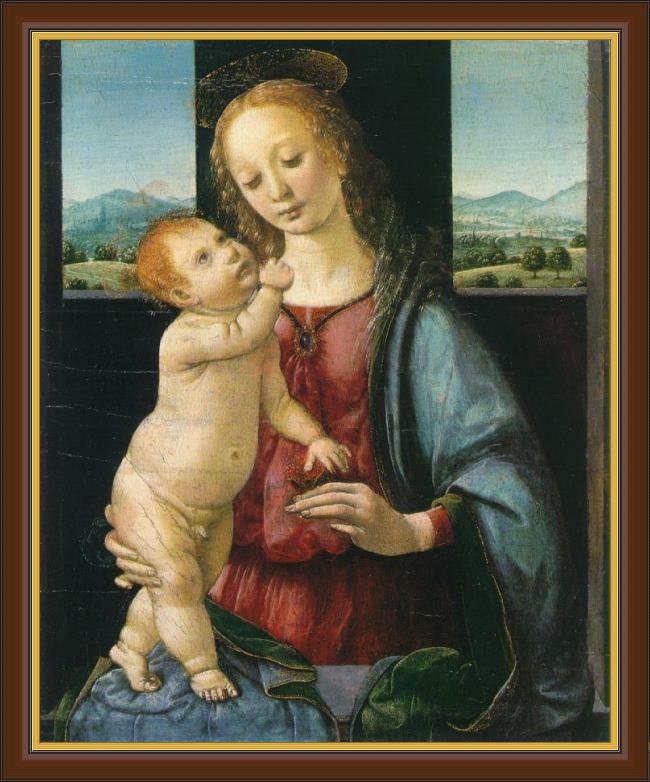 Framed Leonardo da Vinci madonna and child with a pomegranate painting