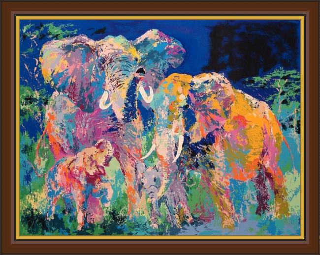 Framed Leroy Neiman elephant family painting