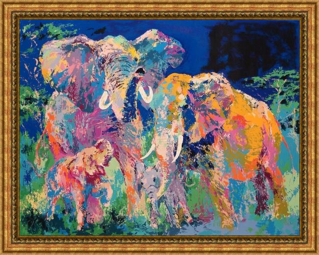 Framed Leroy Neiman elephant family painting