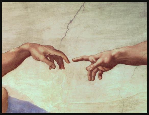 Framed Michelangelo Buonarroti the creation of adam hand painting