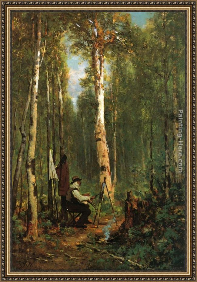 Framed Thomas Hill artist at his easel in the woods painting