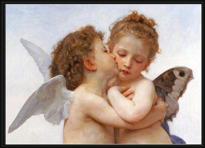 Framed William Bouguereau the first kiss painting