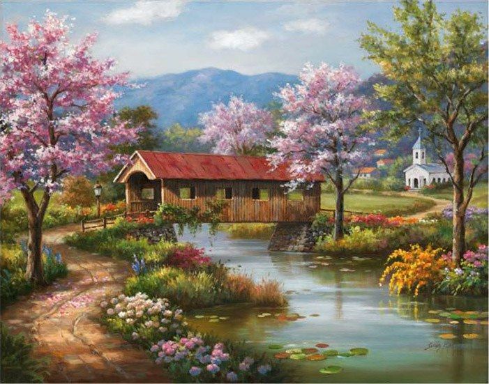 Sung Kim Covered Bridge in Spring Painting - iPaintingsforsale.com