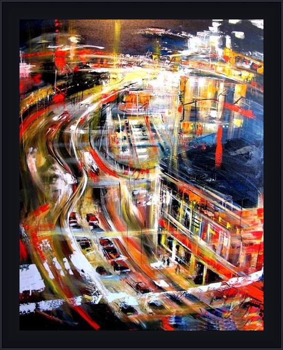 Framed 2010 night cityscape painting