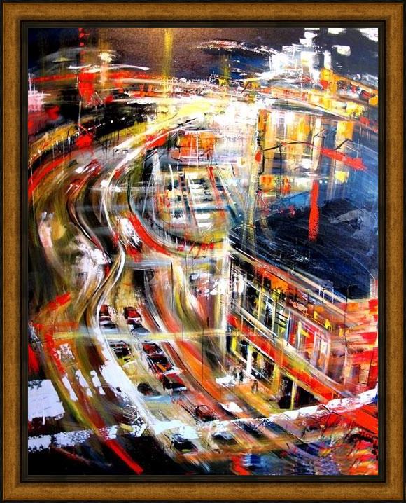 Framed 2010 night cityscape painting