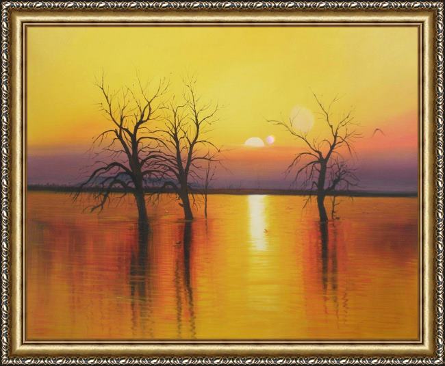 Framed 2010 sunset trees & water painting