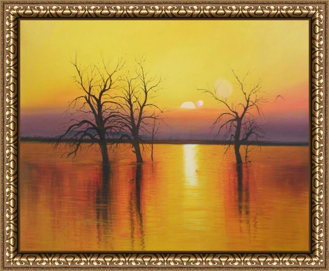 Framed 2010 sunset trees & water painting