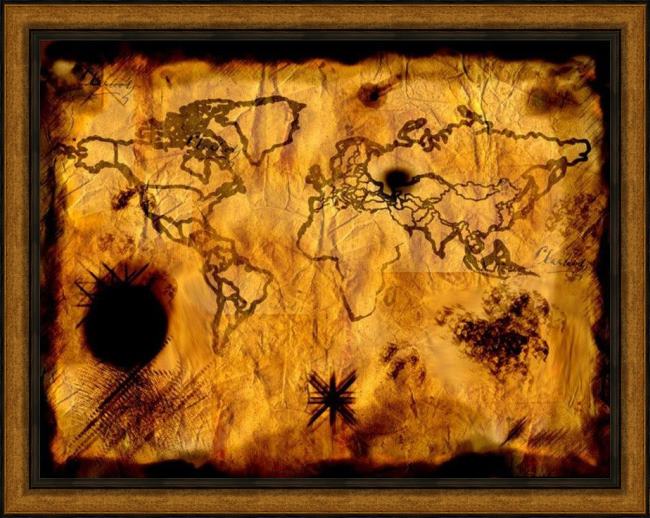 Framed 2011 ancient pirate treasure map painting