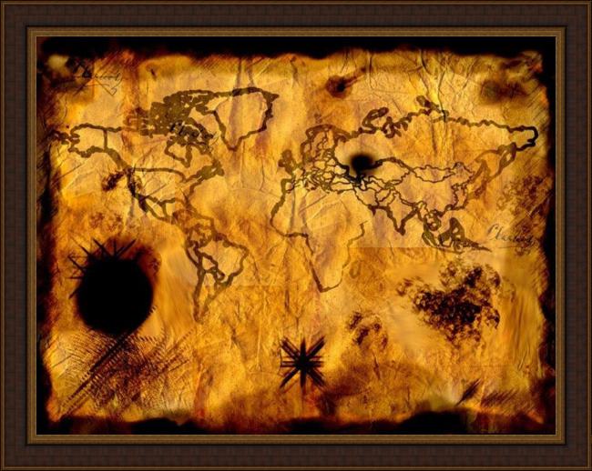 Framed 2011 ancient pirate treasure map painting