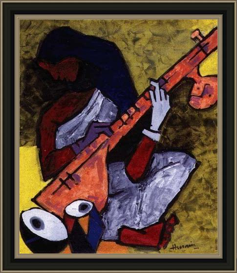 Framed 2011 sitar player painting
