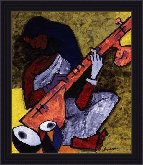 Framed 2011 sitar player painting