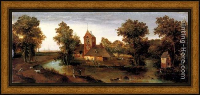 Framed Abel Grimmer a moated tower with farmhouses painting