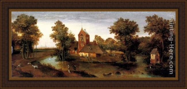 Framed Abel Grimmer a moated tower with farmhouses painting