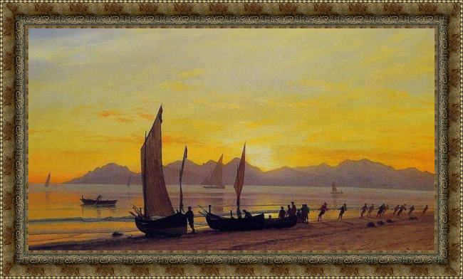 Framed Albert Bierstadt boats ashore at sunset painting