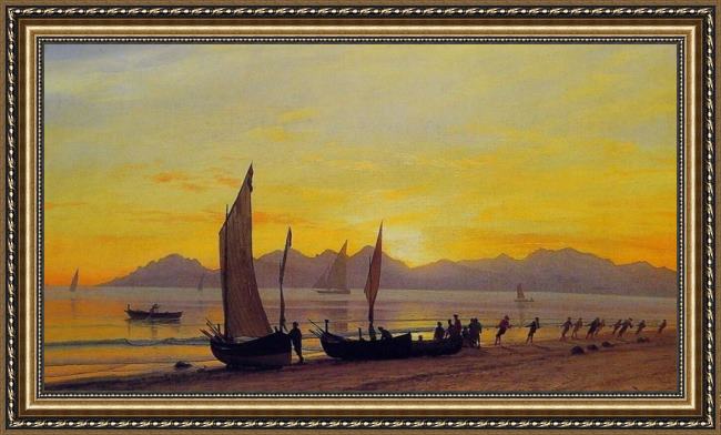 Framed Albert Bierstadt boats ashore at sunset painting