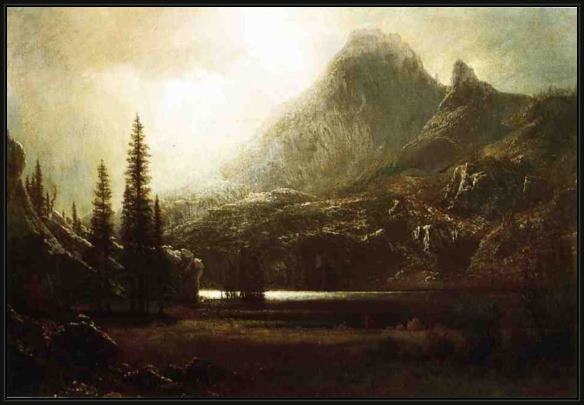Framed Albert Bierstadt by a mountain lake painting