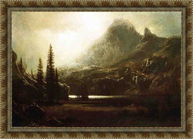 Framed Albert Bierstadt by a mountain lake painting