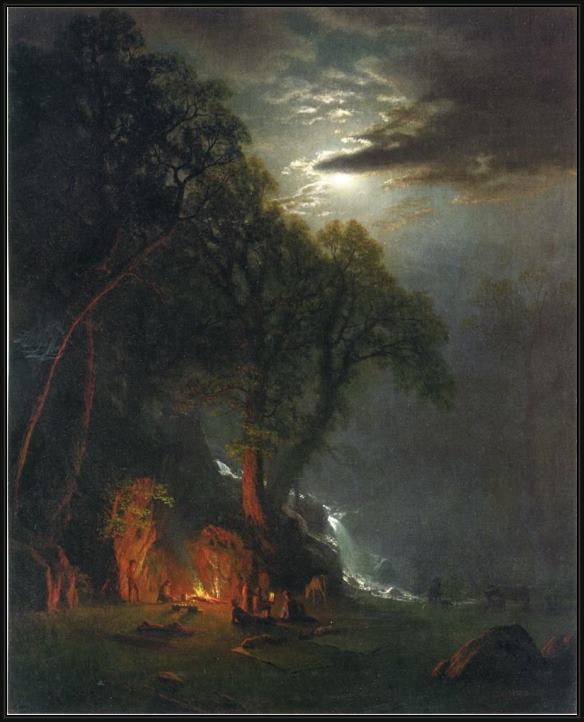 Framed Albert Bierstadt campfire site yosemite painting