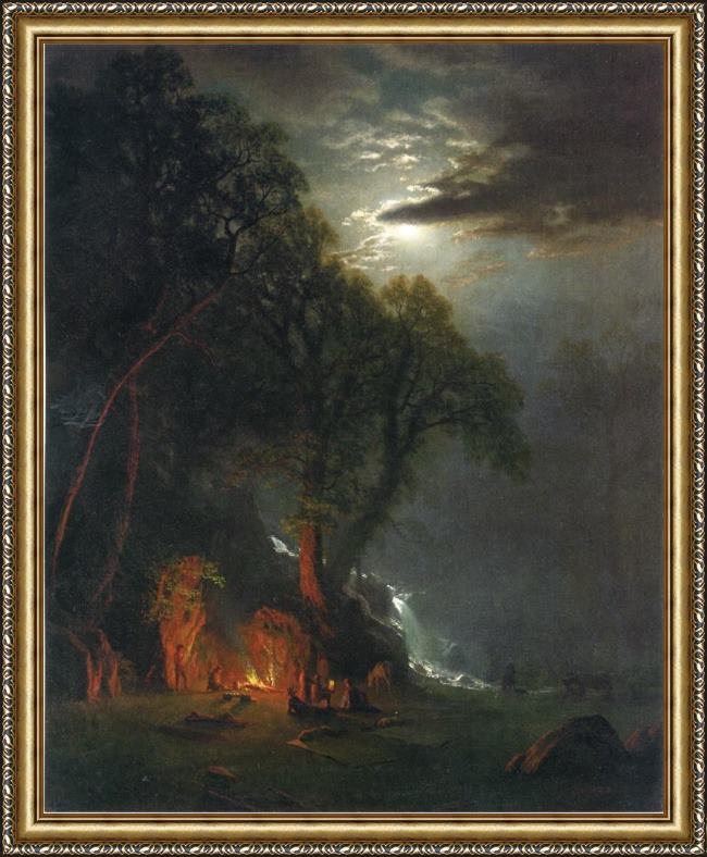 Framed Albert Bierstadt campfire site yosemite painting