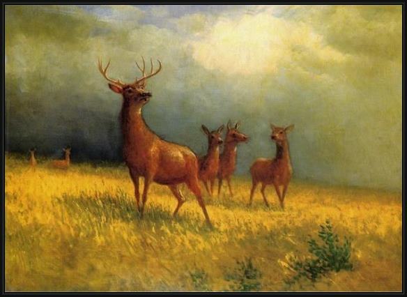 Framed Albert Bierstadt deer in a field painting