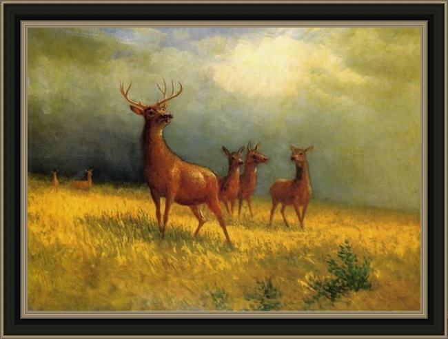 Framed Albert Bierstadt deer in a field painting