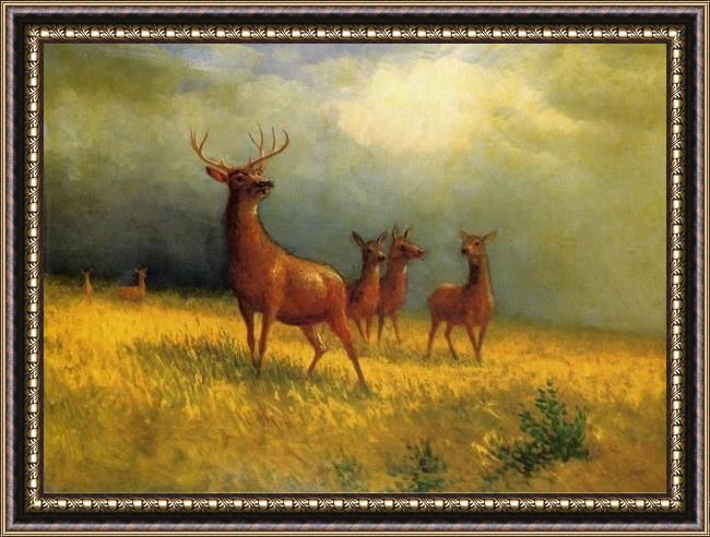 Framed Albert Bierstadt deer in a field painting