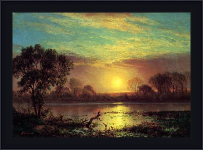 Framed Albert Bierstadt evening, owens lake, california painting