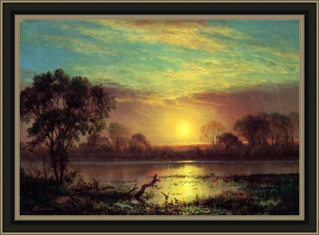 Framed Albert Bierstadt evening, owens lake, california painting