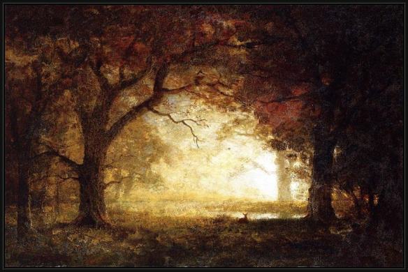 Framed Albert Bierstadt forest sunrise painting