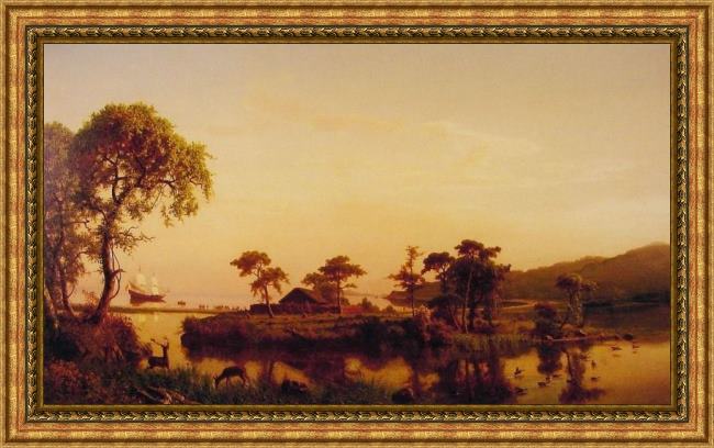 Framed Albert Bierstadt gosnold at cuttyhunk 1602 painting