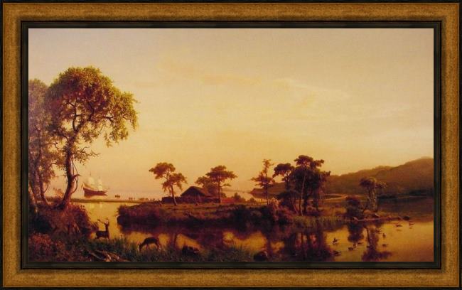 Framed Albert Bierstadt gosnold at cuttyhunk 1602 painting
