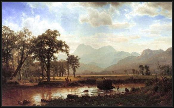 Framed Albert Bierstadt haying, conway meadows painting