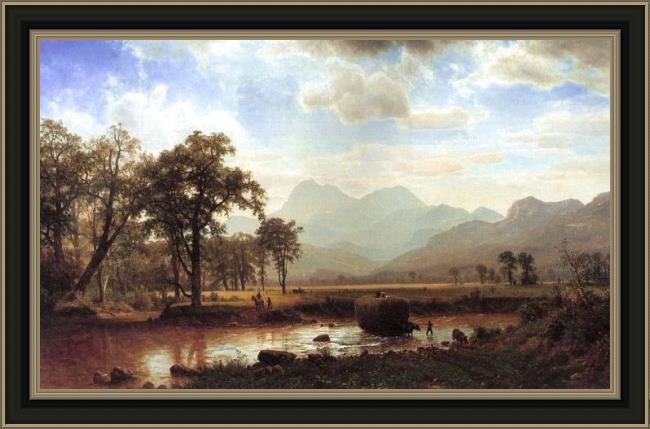 Framed Albert Bierstadt haying, conway meadows painting