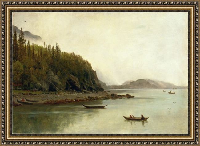 Framed Albert Bierstadt indians fishing painting