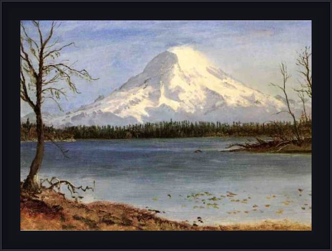 Framed Albert Bierstadt lake in the rockies painting