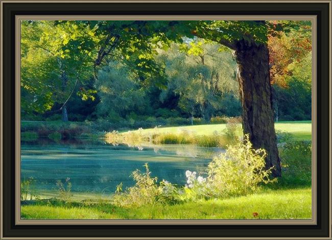 Framed Albert Bierstadt quiet pond painting