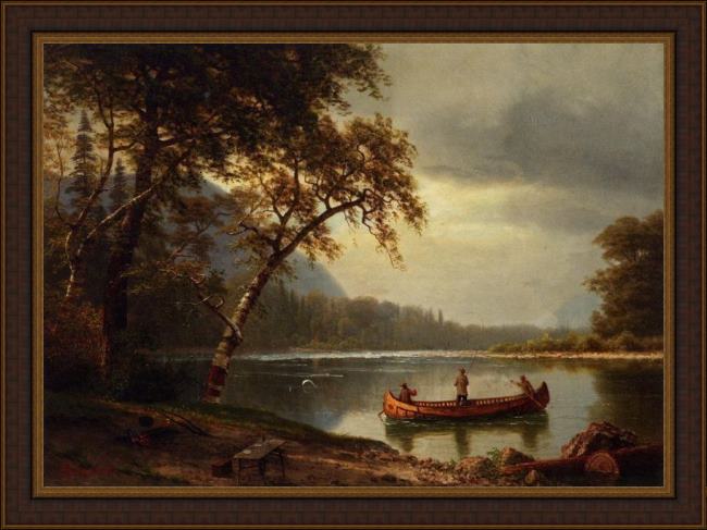 Framed Albert Bierstadt salmon fishing on the cascapediac river painting