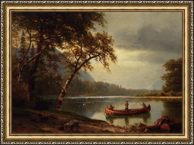 Framed Albert Bierstadt salmon fishing on the cascapediac river painting