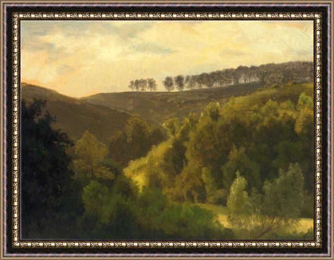 Framed Albert Bierstadt sunrise over forest and grove painting