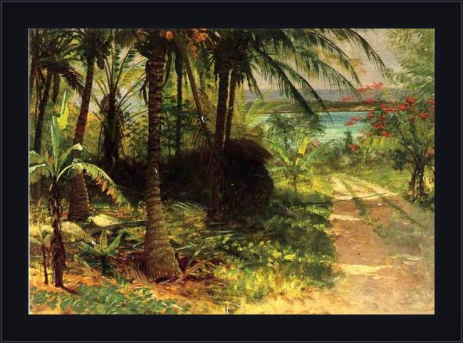 Framed Albert Bierstadt tropical landscape painting