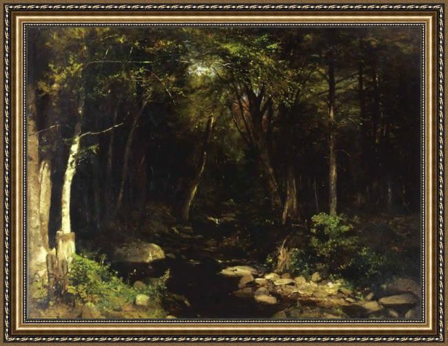Framed Alexander Helwig Wyant woodland stream painting