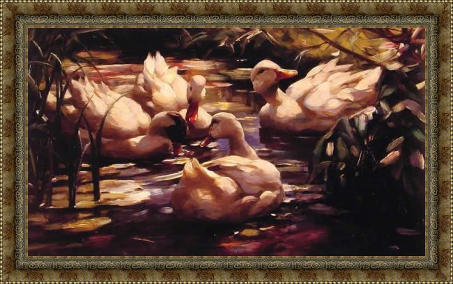 Framed Alexander Koester ducks in a forest pond painting
